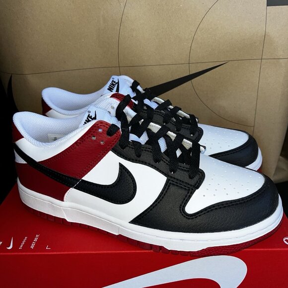 NEW Nike Dunk Low GS Black Toe Gym Red Chicago HF9980-600 Women Sz 8 / 6.5Y - Picture 1 of 8